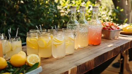 Fototapeta premium Party drink station with small bottles and homemade lemonade