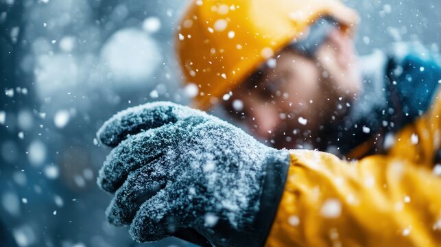 An action shot of a worker bundled in winter gear, highlighting the snowy conditions. The focus is on their attentive expression while handling tasks in cold weather.