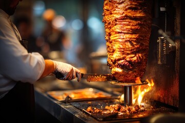 Chef slicing meat off a vertical rotisserie