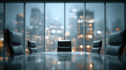 Plakat Empty boardroom overlooking city at night: success, business, and urban landscape