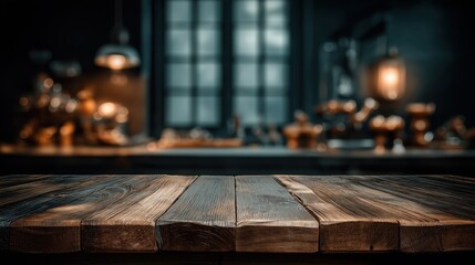 Empty wooden table with blurred background of design studio