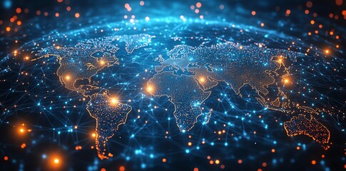 Digital world map with glowing network connections