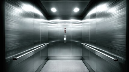Empty modern elevator reflecting light in metallic interior