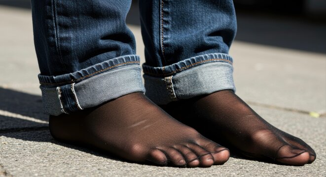 Close up of legs in jeans and tights walking, fashion or unusual style concept - Powered by Adobe