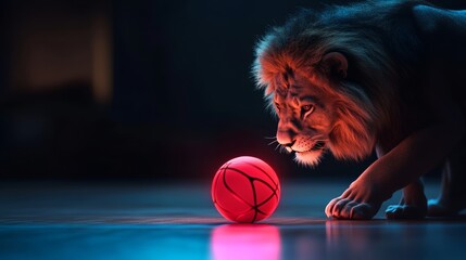 Glowing outline lion dribbling with neon ball, abstract court setting