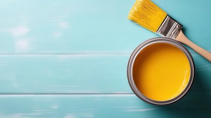 A vibrant can of yellow paint and a brush rest against a textured aqua background, showcasing a creative and artistic setup for painting projects or home decor ideas.