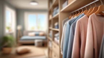Pastel clothes hanging in a modern walk-in closet with blurred bedroom in background