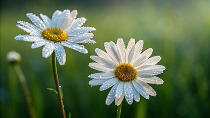 Obraz premium Delicate white daisies covered in morning dew.
