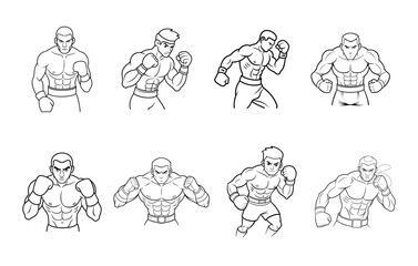 Silhouette boxing player set, Vector illustration black and white