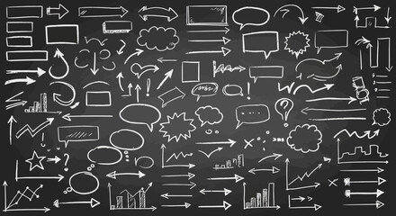 Chalkboard with Various Hand-Drawn Elements Arrows Charts and Speech Bubbles for Visual Communication and Presentation Purposes on Dark Background