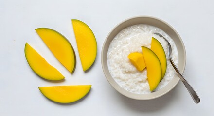 Flat lay of coconut-laced Swahili rice pudding with mango slices, bowl positioned at right third, minimalist white background