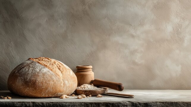 Freshly baked loaf of bread with flour and rolling pin on rustic table - Powered by Adobe