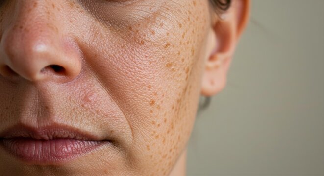 Close-up of a mature woman's face showcasing skin texture, freckles and wrinkles