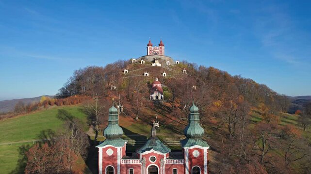 Flying over of The Calvary of Banska Stiavnica, Slovakia, a complex of churches and chapels on Scharfenberg Hill.