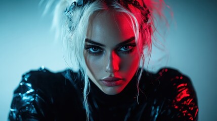 Fototapeta premium A striking portrait of a woman illuminated with red and blue lights, capturing her beauty and emotions in a captivating, artistic style that evokes fascination and allure.
