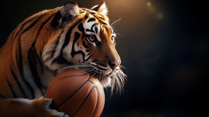 Highly detailed tiger holding basketball, intense gaze, side lighting