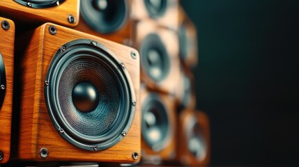 A visually striking arrangement of wooden speakers highlighted against a dark backdrop showcases acoustic elegance, merging functional audio technology with artistic design.