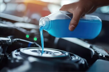 Blue antifreeze liquid being poured into car coolant reservoir, automotive maintenance concept.