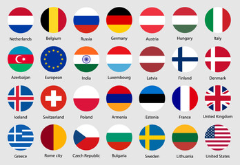 Collection of world national flags with country names. Set of rounded international country flags. Including USA, UK, India, Germany, France, and others. Vector illustration.