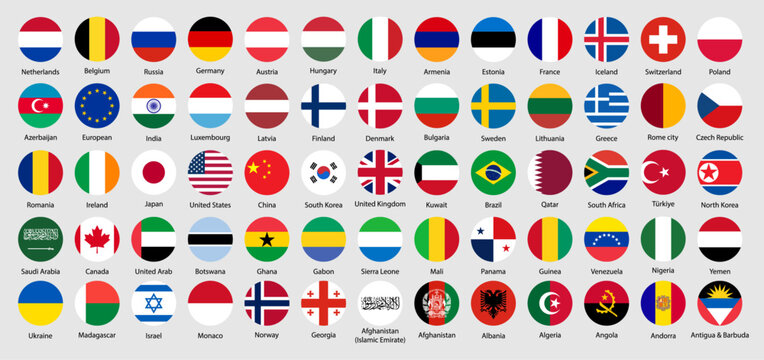 Collection of world national flags with country names. World country flags set. Round national flags of different countries including USA, India, Japan, UK, China, and more. Vector illustration.