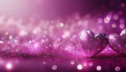 sparkling pink glitter background with 3d heart shapes and soft bokeh lights for romantic greeting card, web banner, print design, or valentine&rsquo;s branding theme

