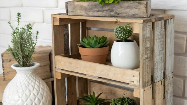 Rustic wooden shelf with fresh greenery and succulents set against a white brick wall.