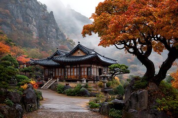 Fototapeta premium Traditional Korean House Nestled in Foggy Mountain Landscape with Autumn Colors Trees