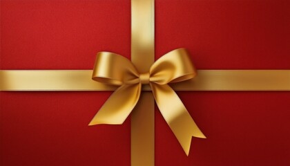 luxurious gold satin ribbon bow on vibrant red fabric gift wrap for festive branding, holiday card, or elegant web design background layout

