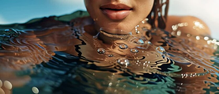 Medium skin swimming adult enjoys clear water and sunshine with bokeh effects during a tropical vacation