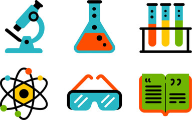 Science lab illustrated set with microscope beaker molecules glasses test tube and reading icons  