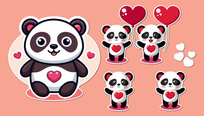 Cute Panda Bear Stickers with Hearts and Balloons happy love for valentine on a Pink Background