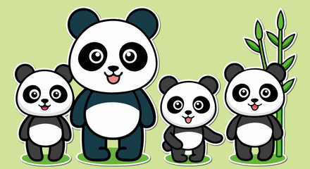 A set of Cute cartoon panda holding bamboo vector panda stickers  on a Light Blue Background  