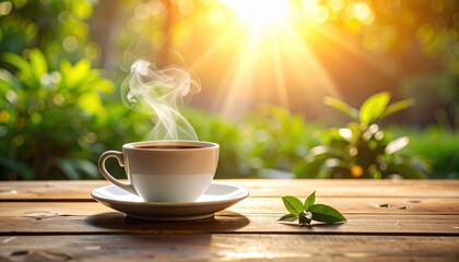 Relaxing Morning Coffee Outdoors: Steaming hot cup on a wooden table with sunlit nature background.