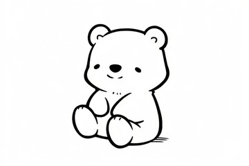 Cute bear sitting with feet together, simple black line vector illustration on white background, flat design with no color or shading