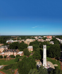 Aerial view of the NC State bell tower and campus in Raleigh, North Carolina