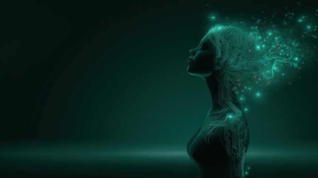 Artificial intelligence: woman showing futuristic neural network data processing