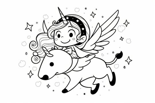 Cute cartoon tooth fairy flying with unicorn, black line doodle on white background, simple and high contrast coloring page for kids
