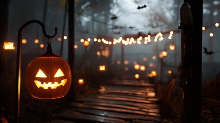 Fototapeta premium Pumpkin lanterns lighting up a spooky path on Halloween night