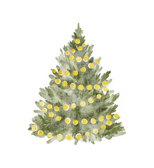 Green watercolor painted Christmas tree decorated with string lights. Vector illustration