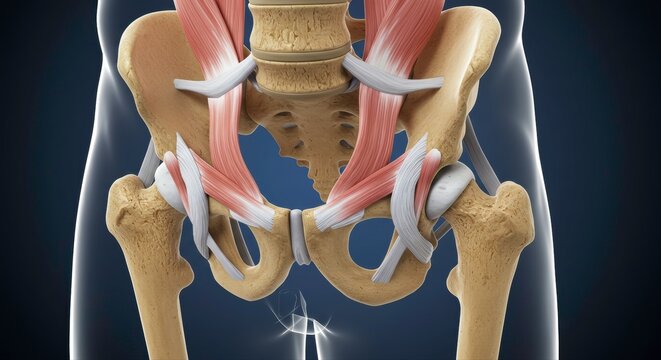 Detailed anatomical illustration showcasing the human pelvis and its associated muscles