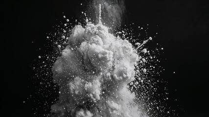 White powder exploding on black background creating abstract shapes