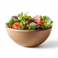 A vibrant and delicious fresh salad served in a wooden bowl, filled with mixed greens, tomatoes, and other fresh vegetables. A healthy meal option