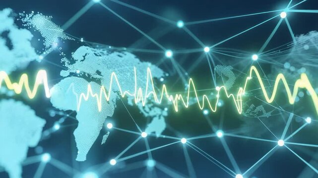 Opening scene showing yellow waveform sweeping across gridlines on world network map, nodes pulsing