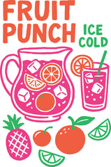 Vector fruit punch “Ice Cold” pitcher & glass illustration in bold hand‑drawn style