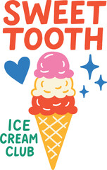 Vector sweet tooth ice‑cream club illustration with stacked scoops and playful stars in doodle style