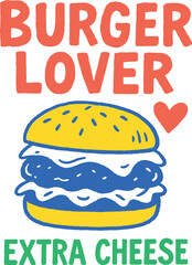 Vector burger lover “Extra Cheese” illustration with juicy burger in bold doodle style