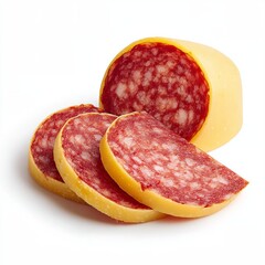 Close-up shot of a salami with a delicious, savory appearance, partially sliced, ready to be enjoyed. The salami displays a rich texture with its combination of meat and spices.