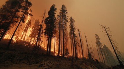 Fototapeta premium Forest fire raging through tall trees, creating an intense orange glow against a smoky sky, highlighting the destructive power of nature