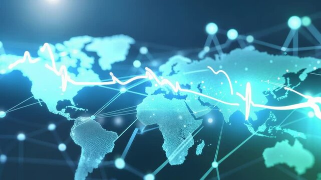 Emerging waveform traveling across digital world map interface, lighting nodes and flickering lines - Powered by Adobe