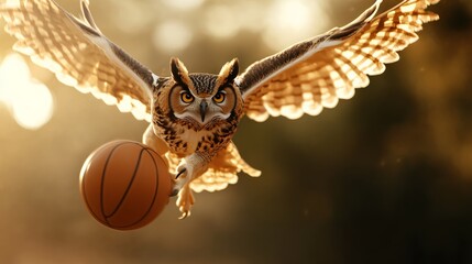 Stylish owl launching a 3-point shot with wings outstretched, arena lights flaring
